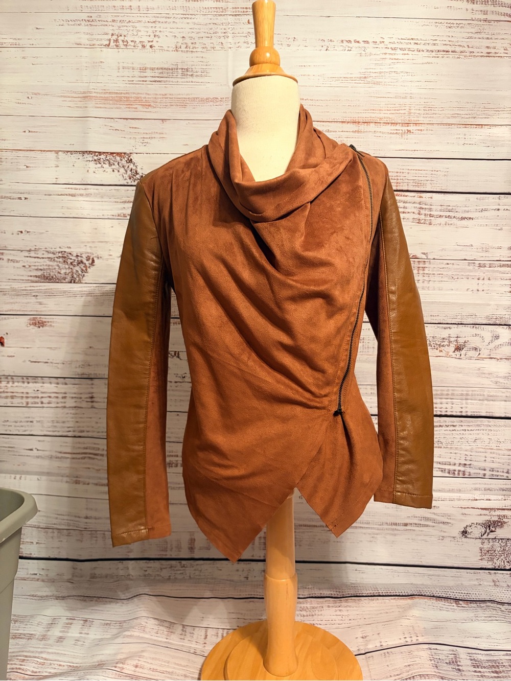 BLANKNYC Cognac Faux Leather/Faux Suede Draped Moto Jacket